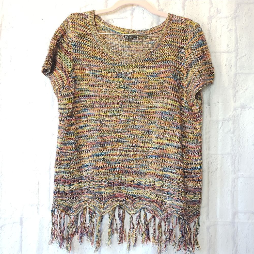 HANNAH Loose-knit Short-sleeve Fringed Sweater Medium